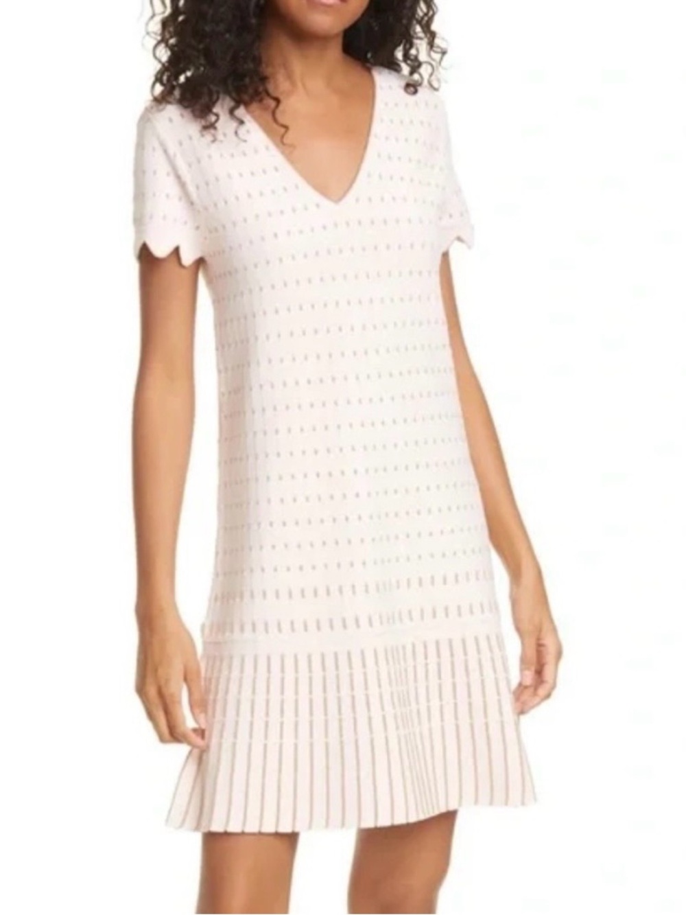 Ted Baker Light Pink Scallop Sleeve V-Neck Knit Mini Dress Gold Pattern.